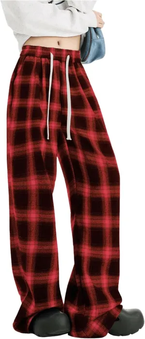 OYOANGLE Women's Plaid Print Pants Drawstring Elastic Waisted Wide Leg Casual Pants
