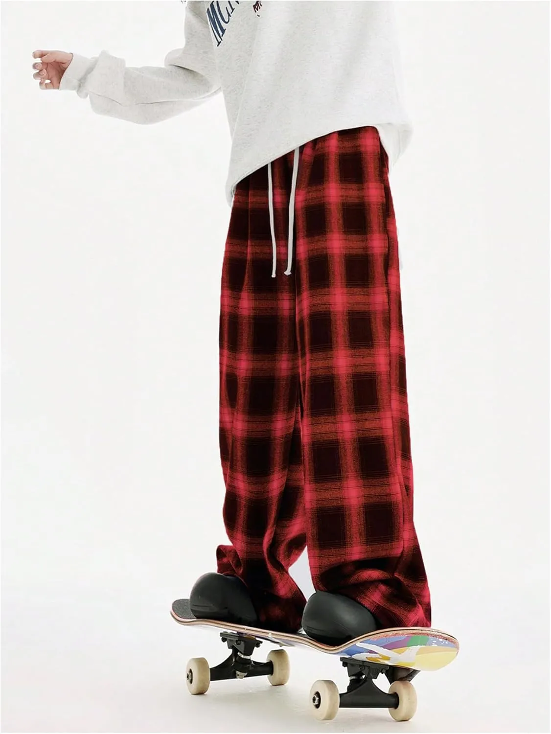 OYOANGLE Women's Plaid Print Pants Drawstring Elastic Waisted Wide Leg Casual Pants