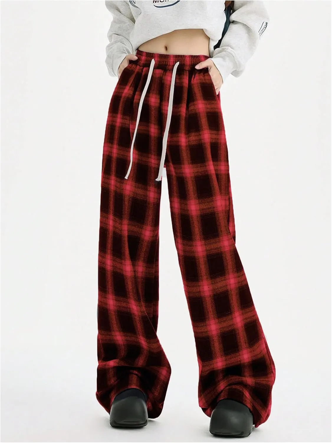 OYOANGLE Women's Plaid Print Pants Drawstring Elastic Waisted Wide Leg Casual Pants