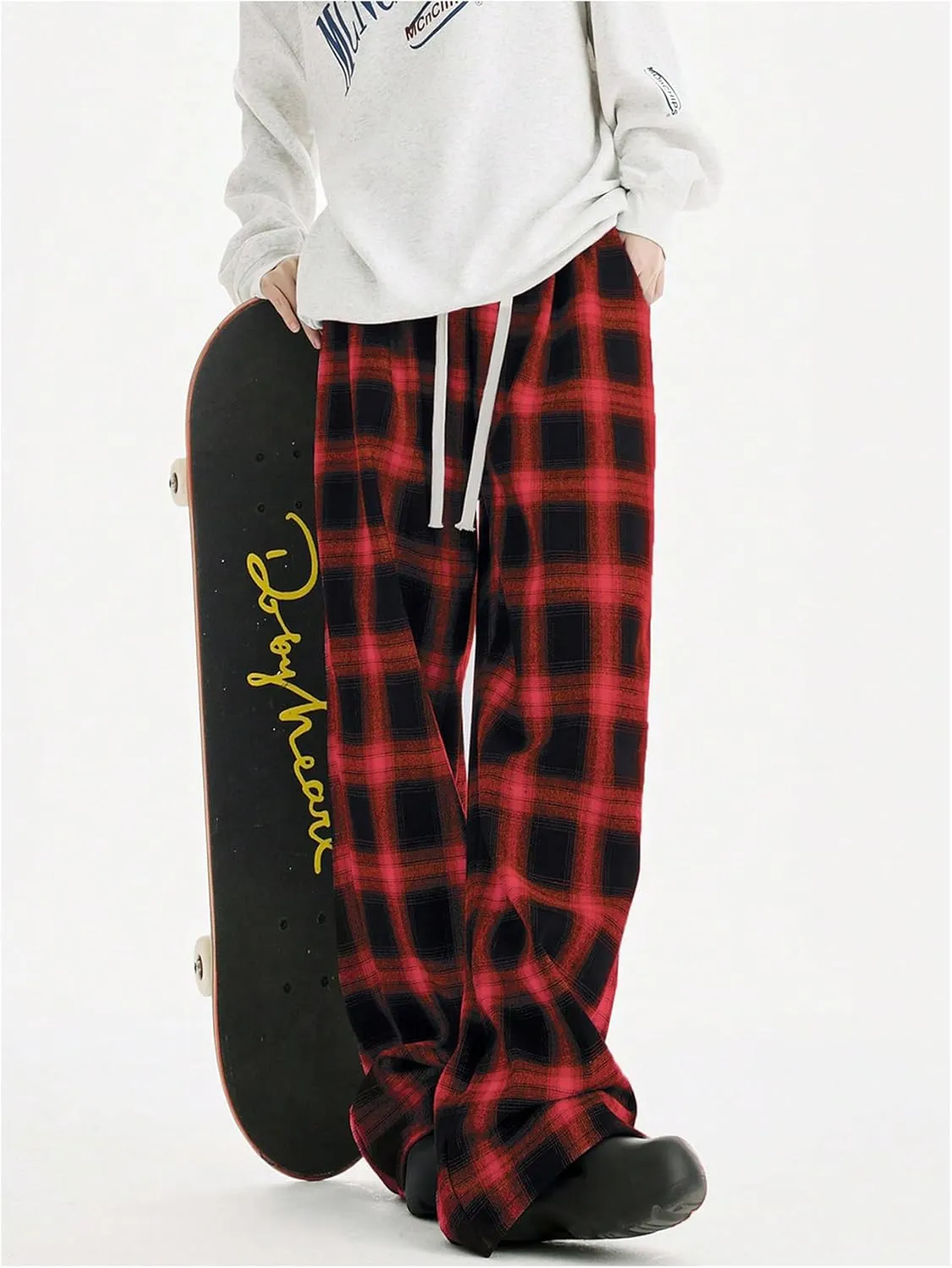 OYOANGLE Women's Plaid Print Pants Drawstring Elastic Waisted Wide Leg Casual Pants