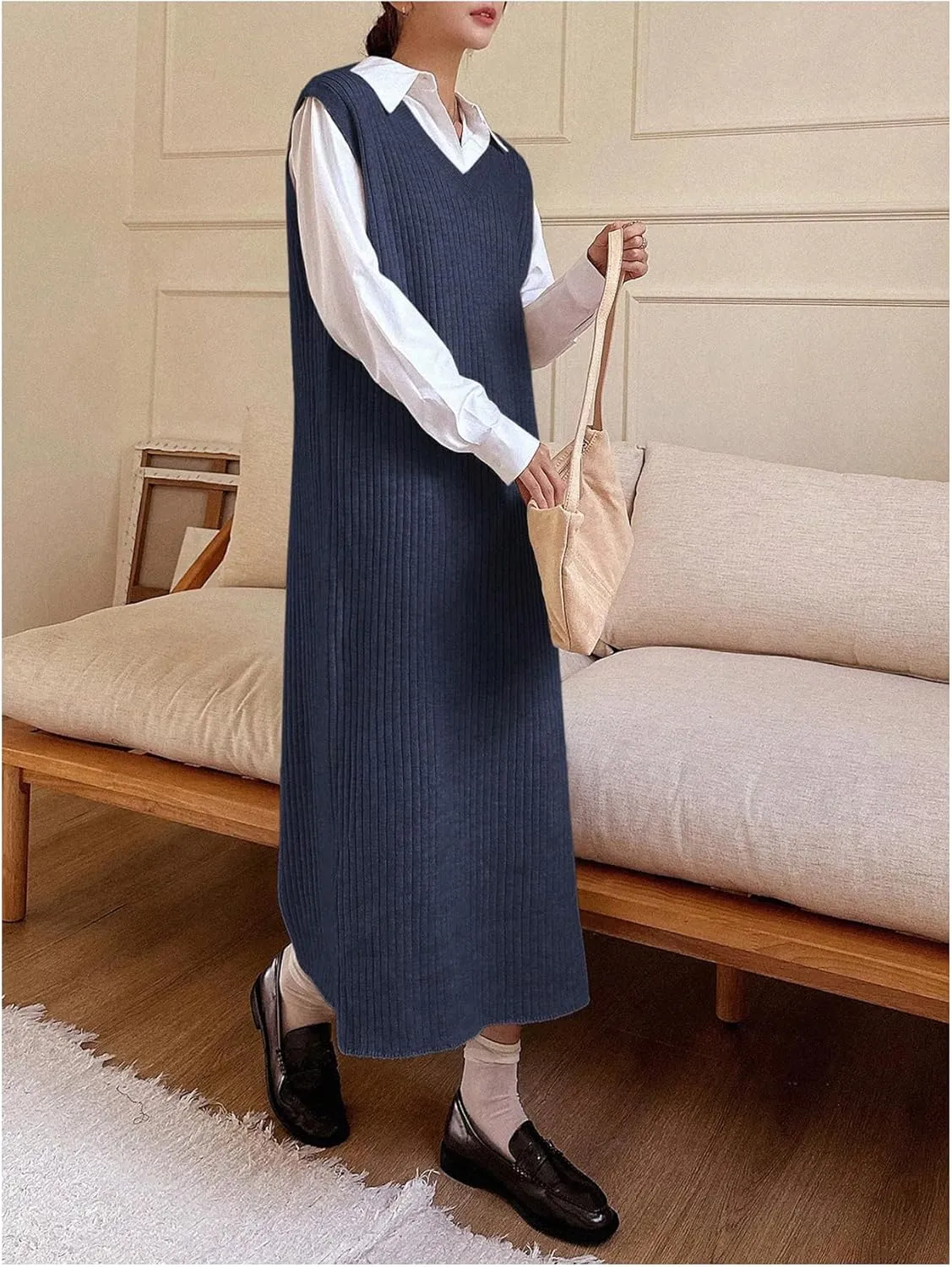 OYOANGLE Women's Split Hem Rib Knit Midi Sweater Dress V Neck Sleeveless Loose Fit Sweater Vest
