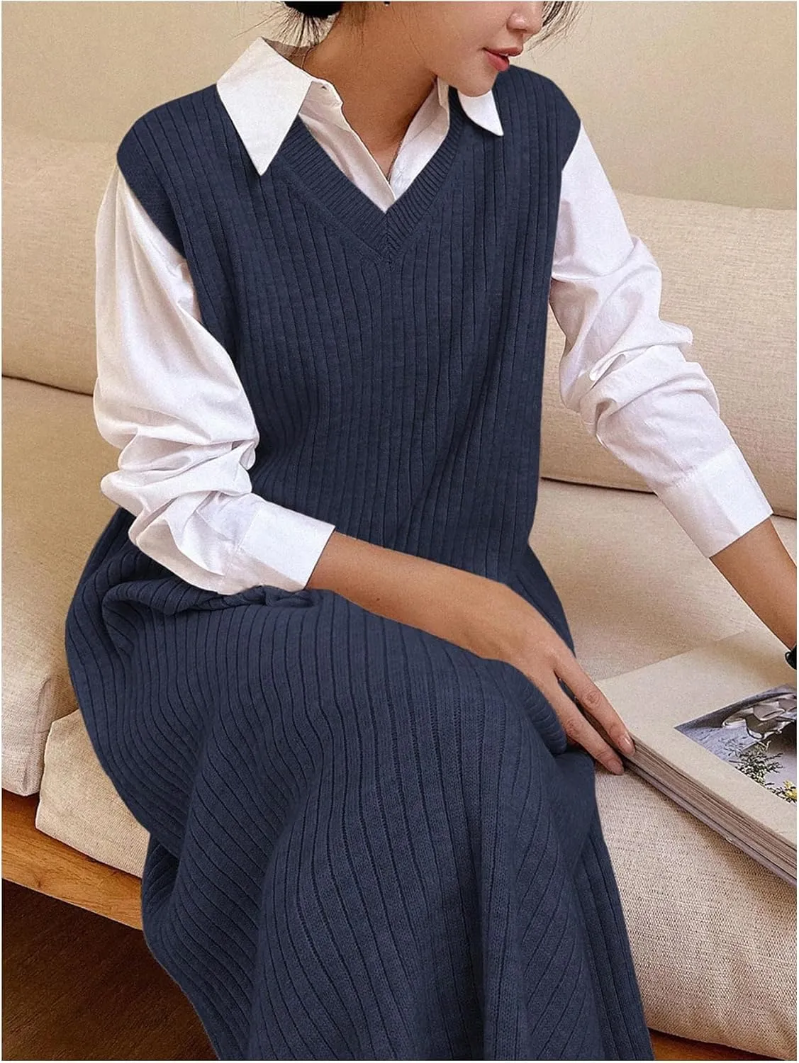 OYOANGLE Women's Split Hem Rib Knit Midi Sweater Dress V Neck Sleeveless Loose Fit Sweater Vest