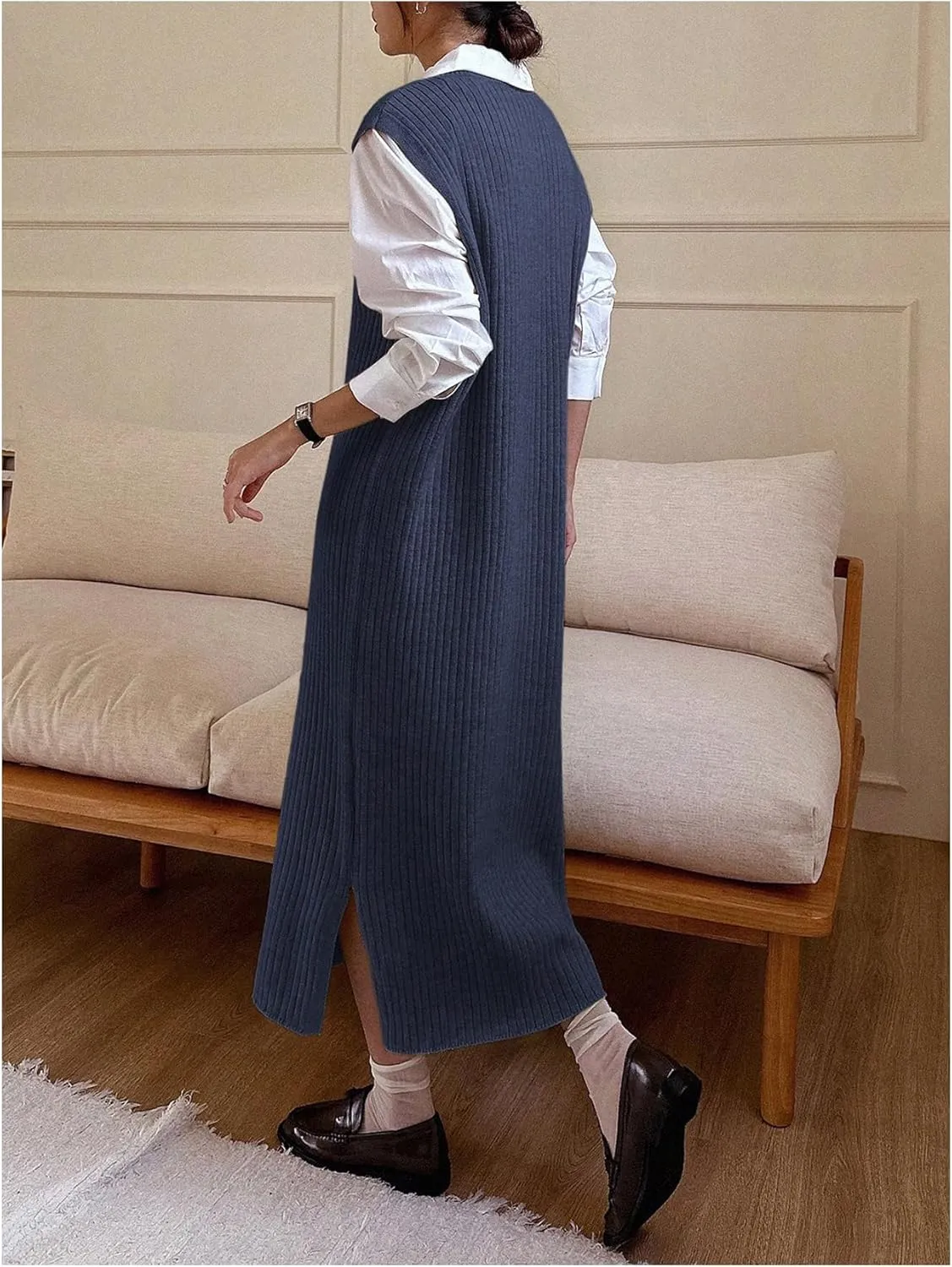 OYOANGLE Women's Split Hem Rib Knit Midi Sweater Dress V Neck Sleeveless Loose Fit Sweater Vest