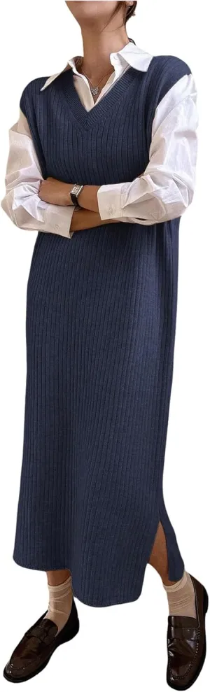 OYOANGLE Women's Split Hem Rib Knit Midi Sweater Dress V Neck Sleeveless Loose Fit Sweater Vest