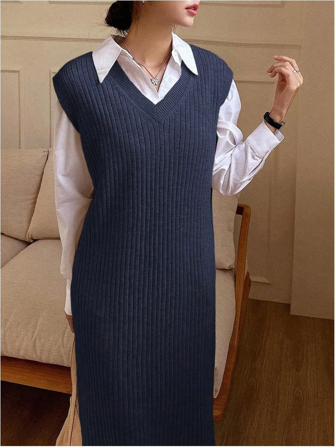 OYOANGLE Women's Split Hem Rib Knit Midi Sweater Dress V Neck Sleeveless Loose Fit Sweater Vest