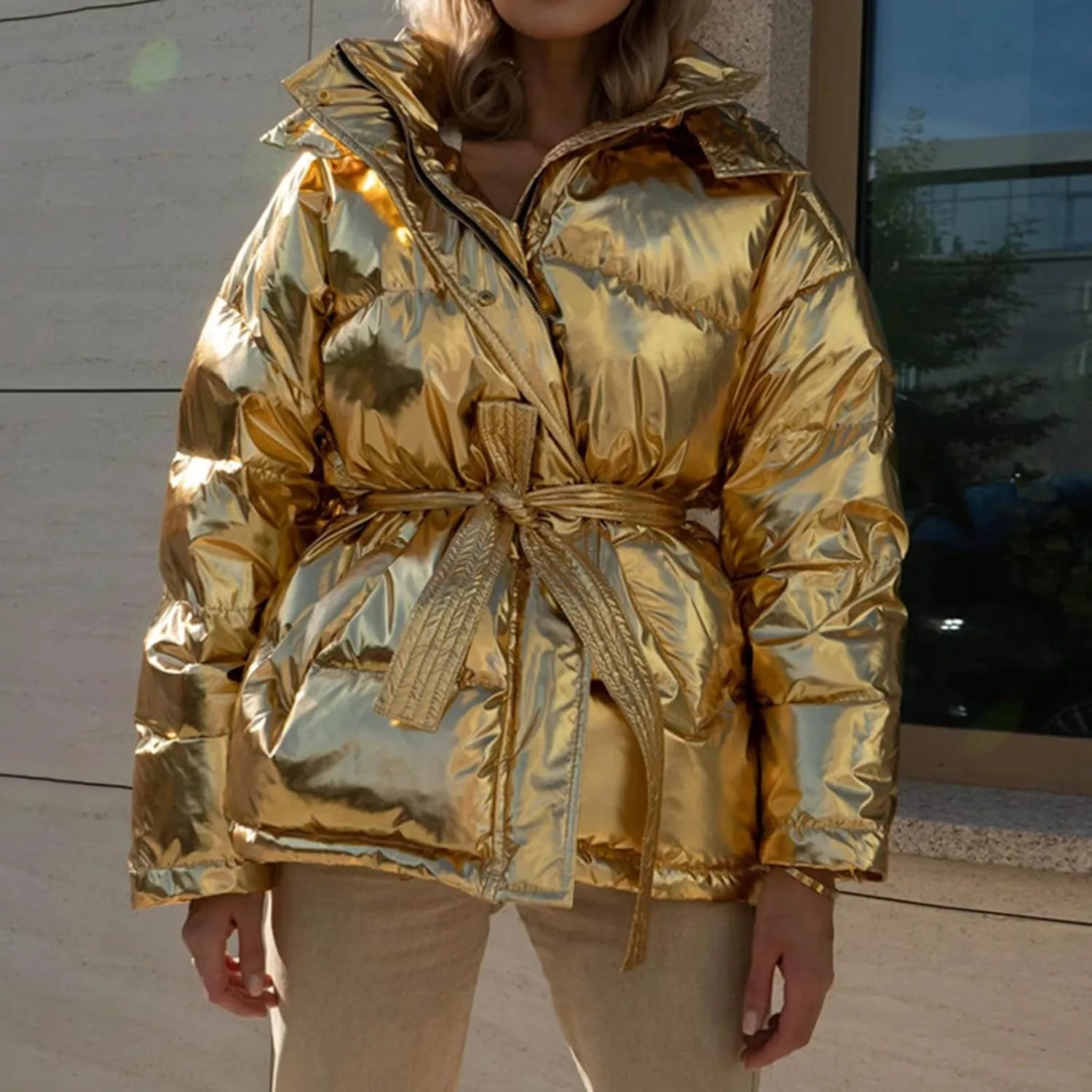 Parkas for Women Shiny 2024 Trendy Cotton-padded Hooded Jacket Solid Casual Loose Fit Full Zip Coat with Belt