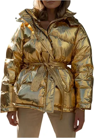Parkas for Women Shiny 2024 Trendy Cotton-padded Hooded Jacket Solid Casual Loose Fit Full Zip Coat with Belt