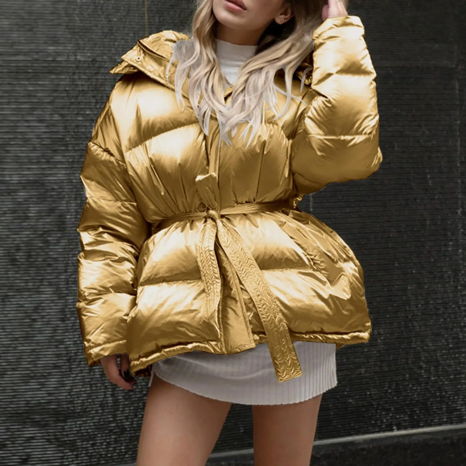 Parkas for Women Shiny 2024 Trendy Cotton-padded Hooded Jacket Solid Casual Loose Fit Full Zip Coat with Belt