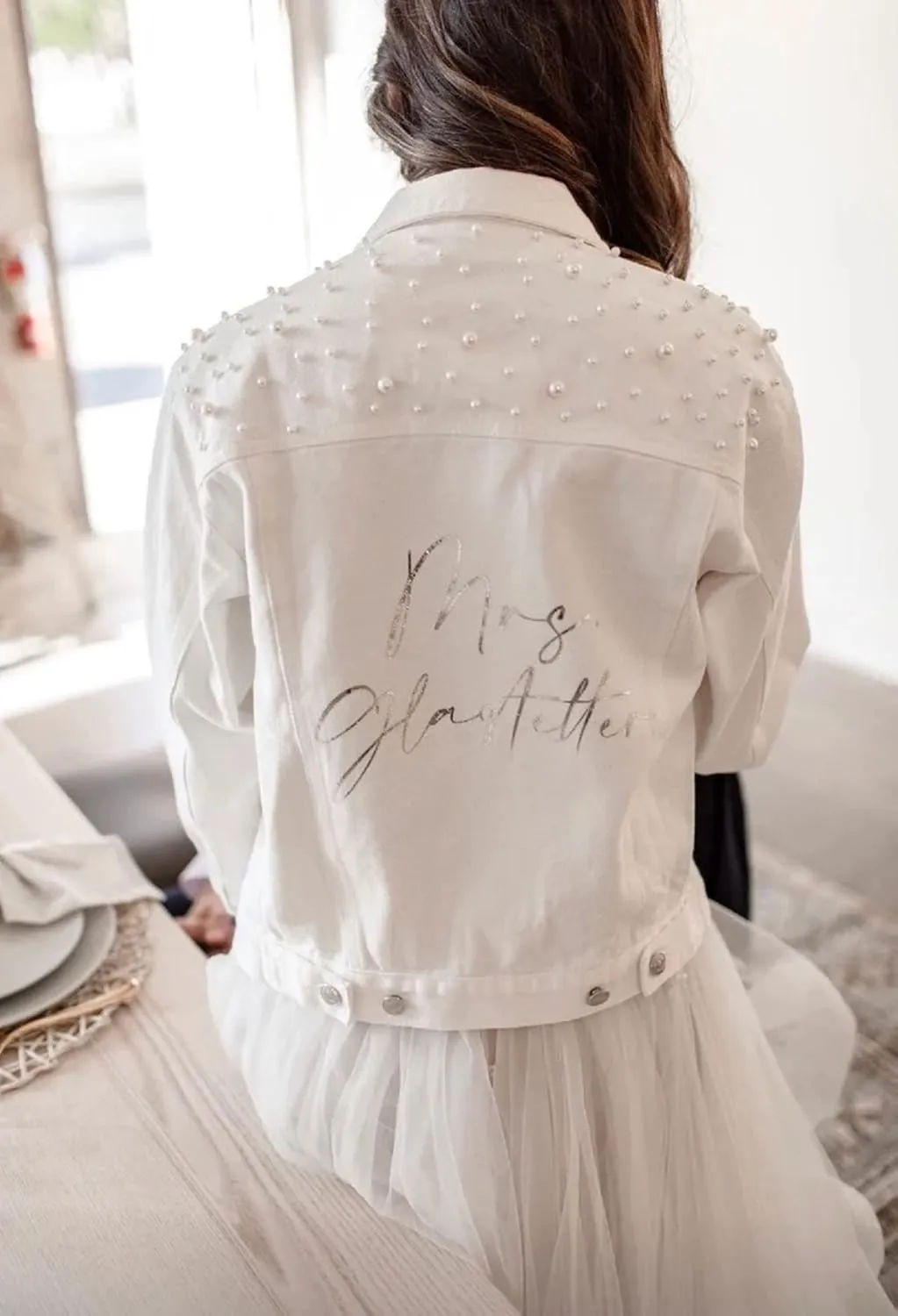 Personalized Pearl Jean Jacket Women White Denim Jacket with Pearls Wifey Jean Jacket Bridal Jean Jacket