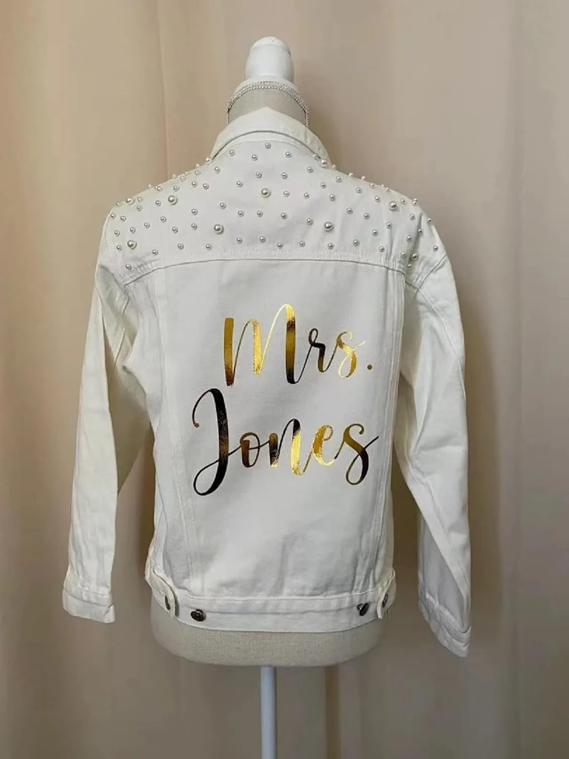 Personalized Pearl Jean Jacket Women White Denim Jacket with Pearls Wifey Jean Jacket Bridal Jean Jacket