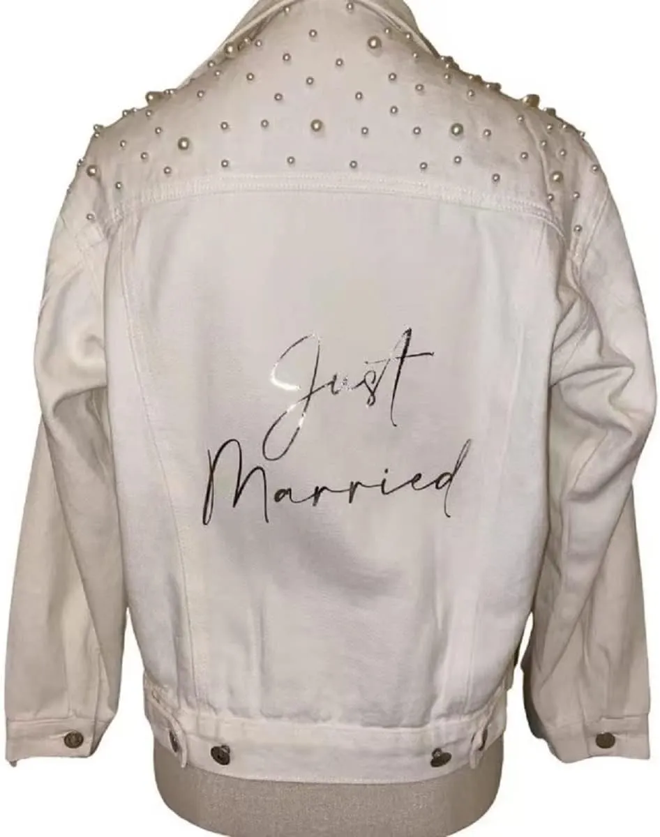 Personalized Pearl Jean Jacket Women White Denim Jacket with Pearls Wifey Jean Jacket Bridal Jean Jacket