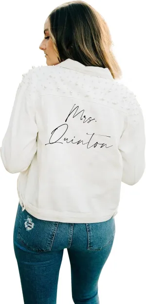 Personalized Pearl Jean Jacket Women White Denim Jacket with Pearls Wifey Jean Jacket Bridal Jean Jacket