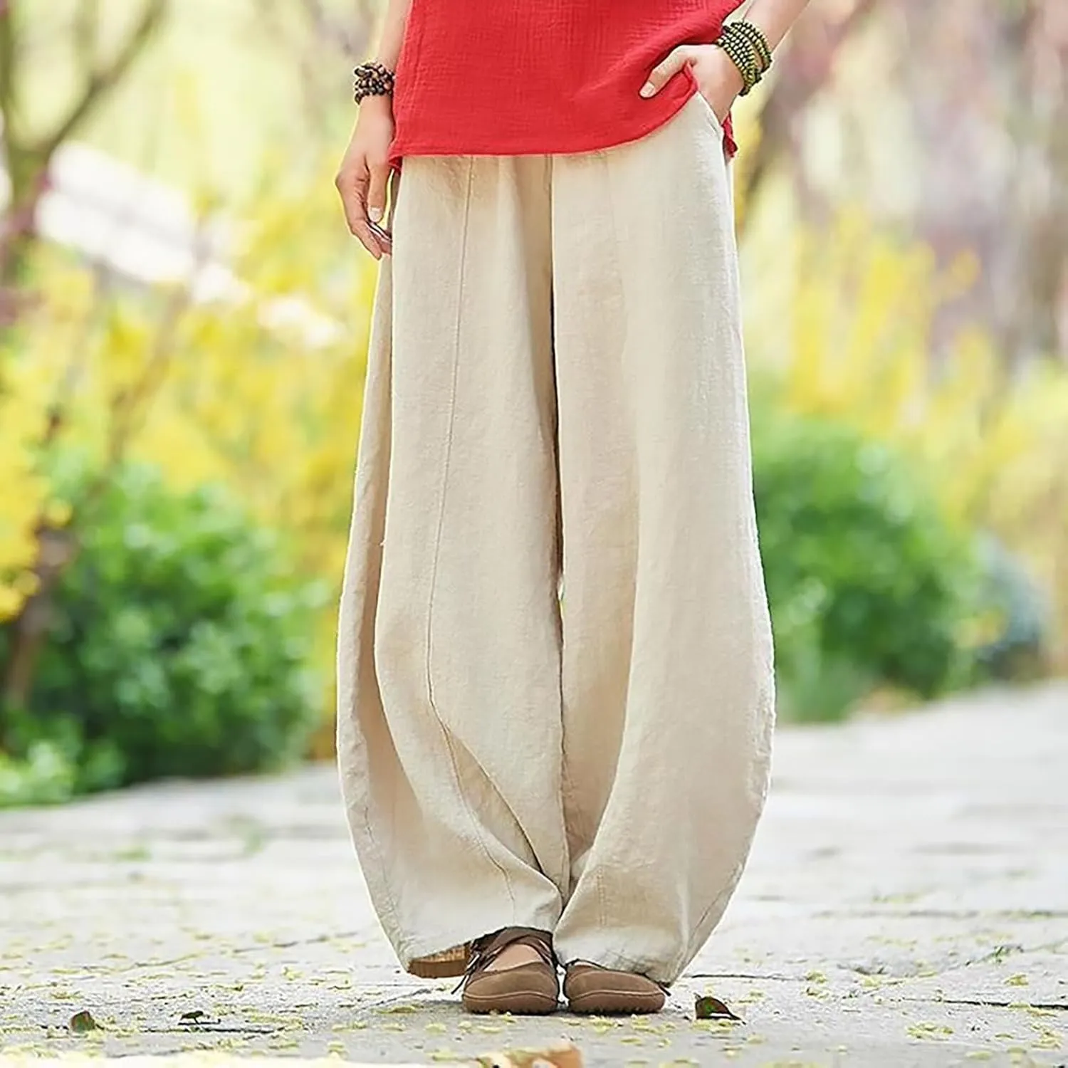 Petite Linen Pants for Women Summer Palazzo Wide Leg Linen Pant Loose Flowy Trousers