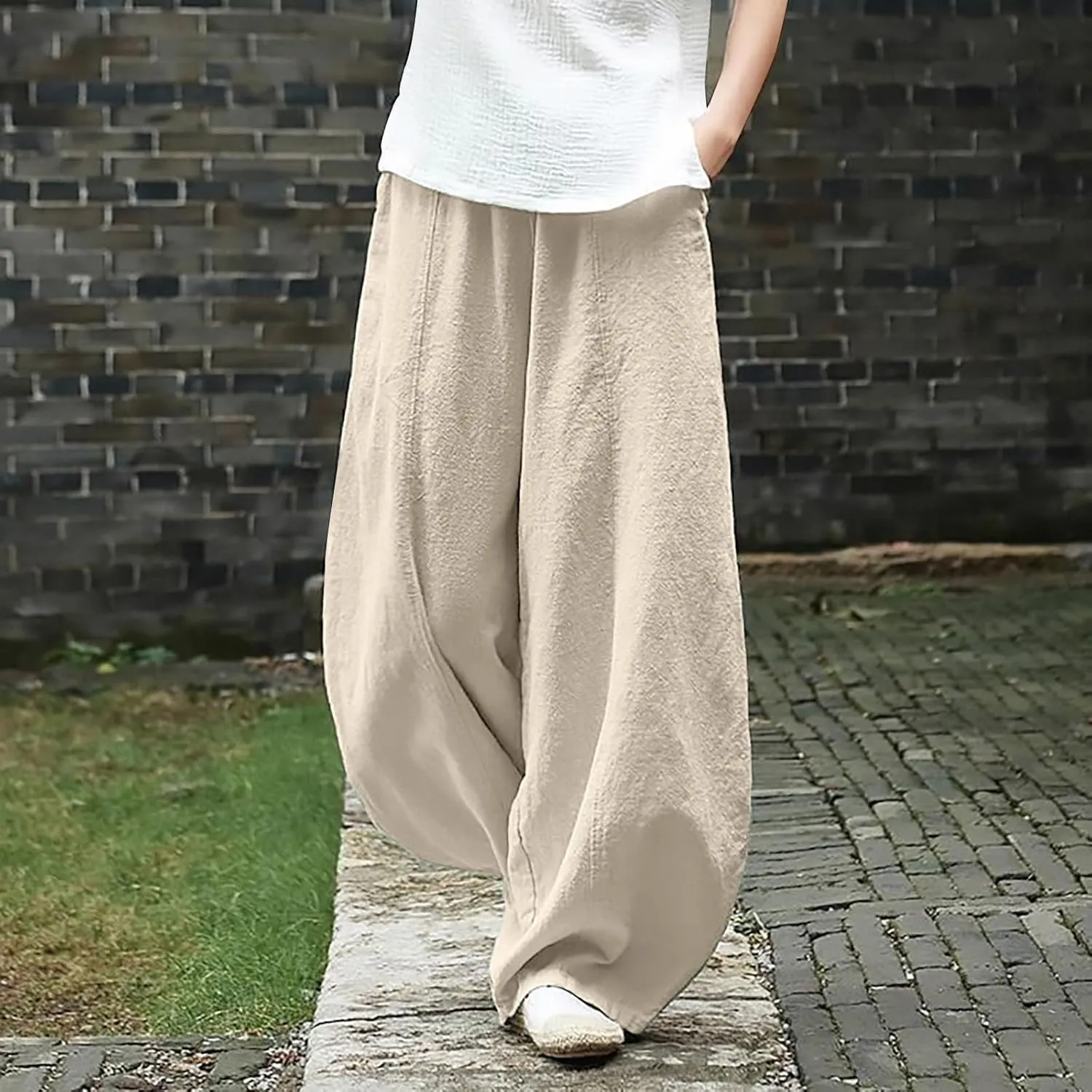 Petite Linen Pants for Women Summer Palazzo Wide Leg Linen Pant Loose Flowy Trousers