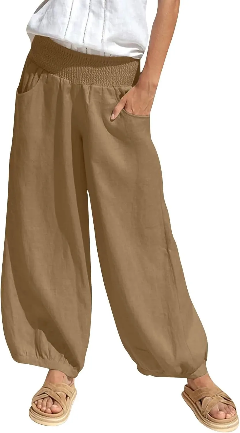 Petite Linen Pants for Women Wide Leg High Waisted Summer Palazzo Pants Lounge Loose Lightweight Flowy Beach Trousers
