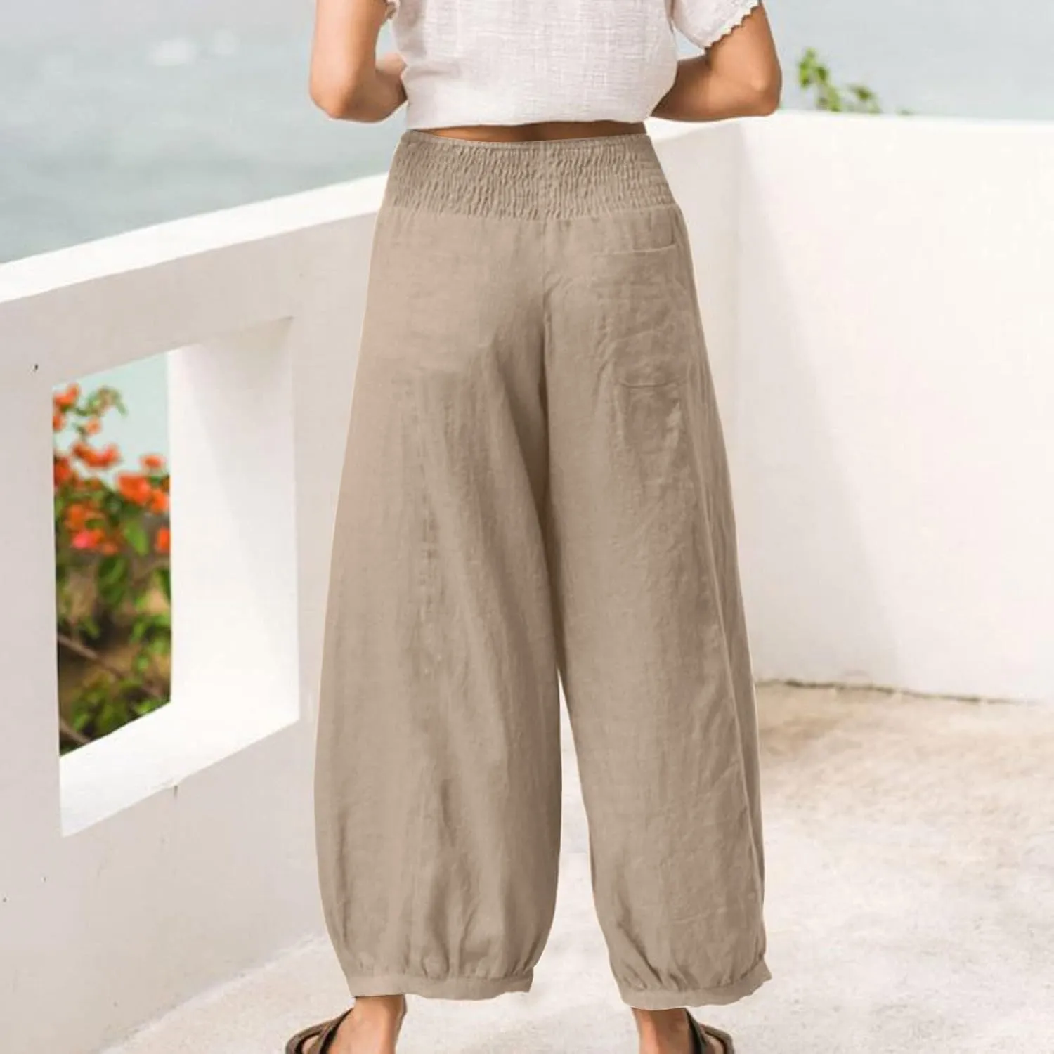 Petite Linen Pants for Women Wide Leg High Waisted Summer Palazzo Pants Lounge Loose Lightweight Flowy Beach Trousers