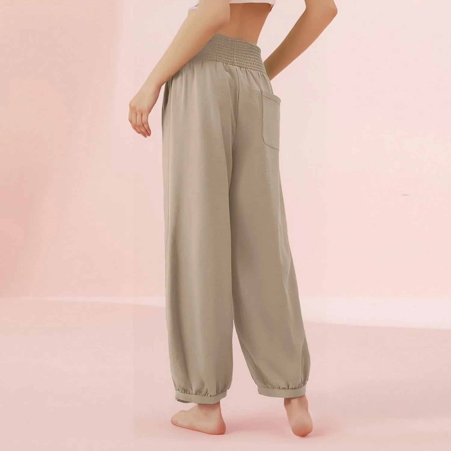 Petite Linen Pants for Women Wide Leg High Waisted Summer Palazzo Pants Lounge Loose Lightweight Flowy Beach Trousers