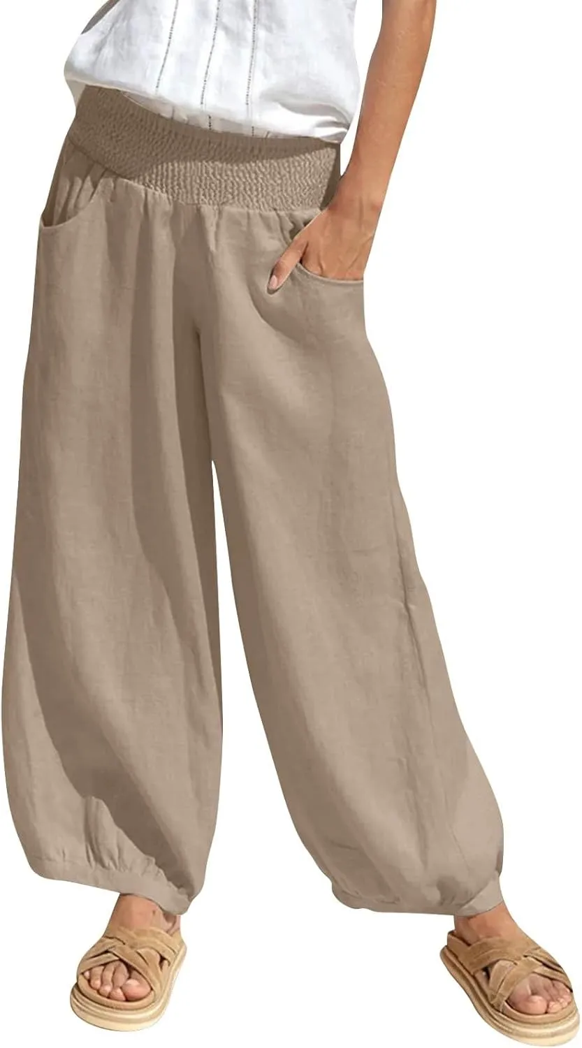 Petite Linen Pants for Women Wide Leg High Waisted Summer Palazzo Pants Lounge Loose Lightweight Flowy Beach Trousers