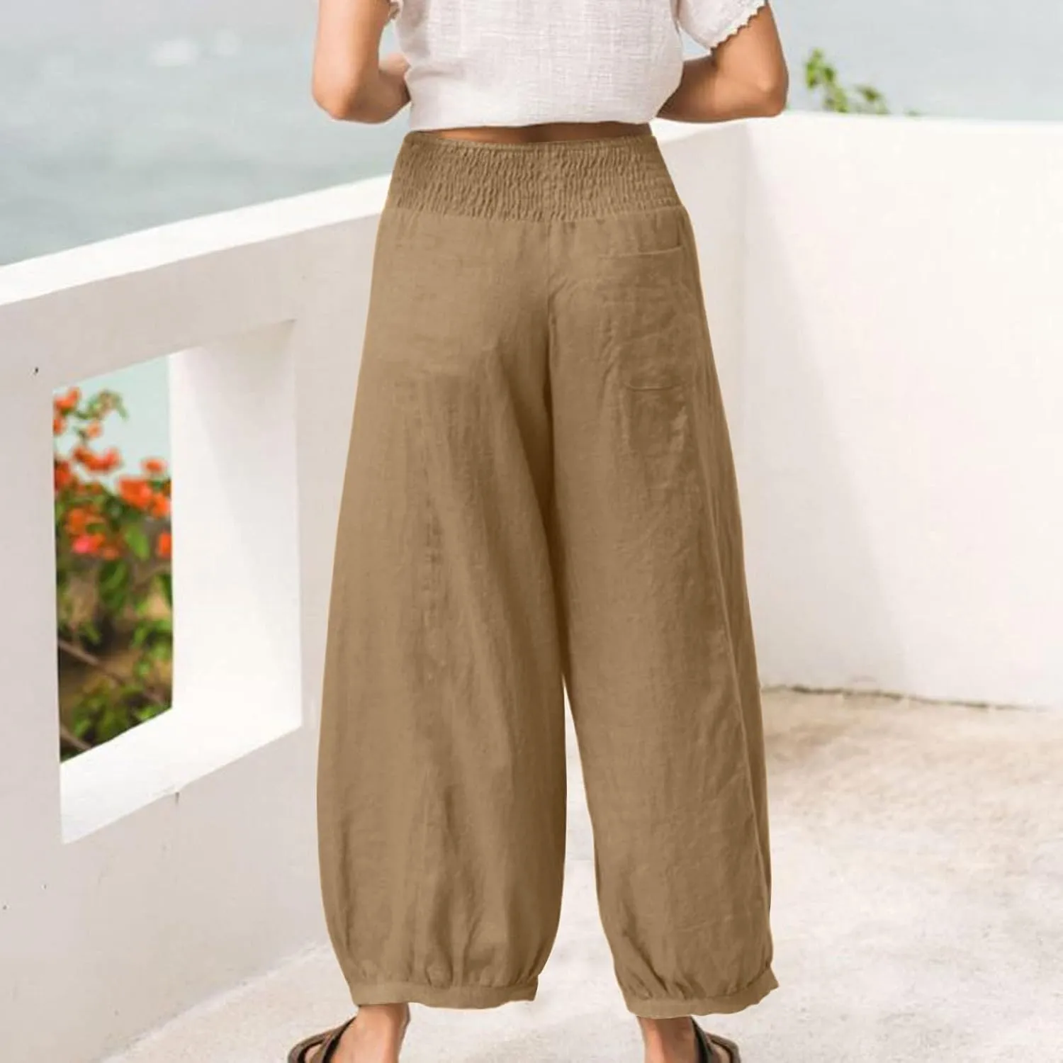 Petite Linen Pants for Women Wide Leg High Waisted Summer Palazzo Pants Lounge Loose Lightweight Flowy Beach Trousers
