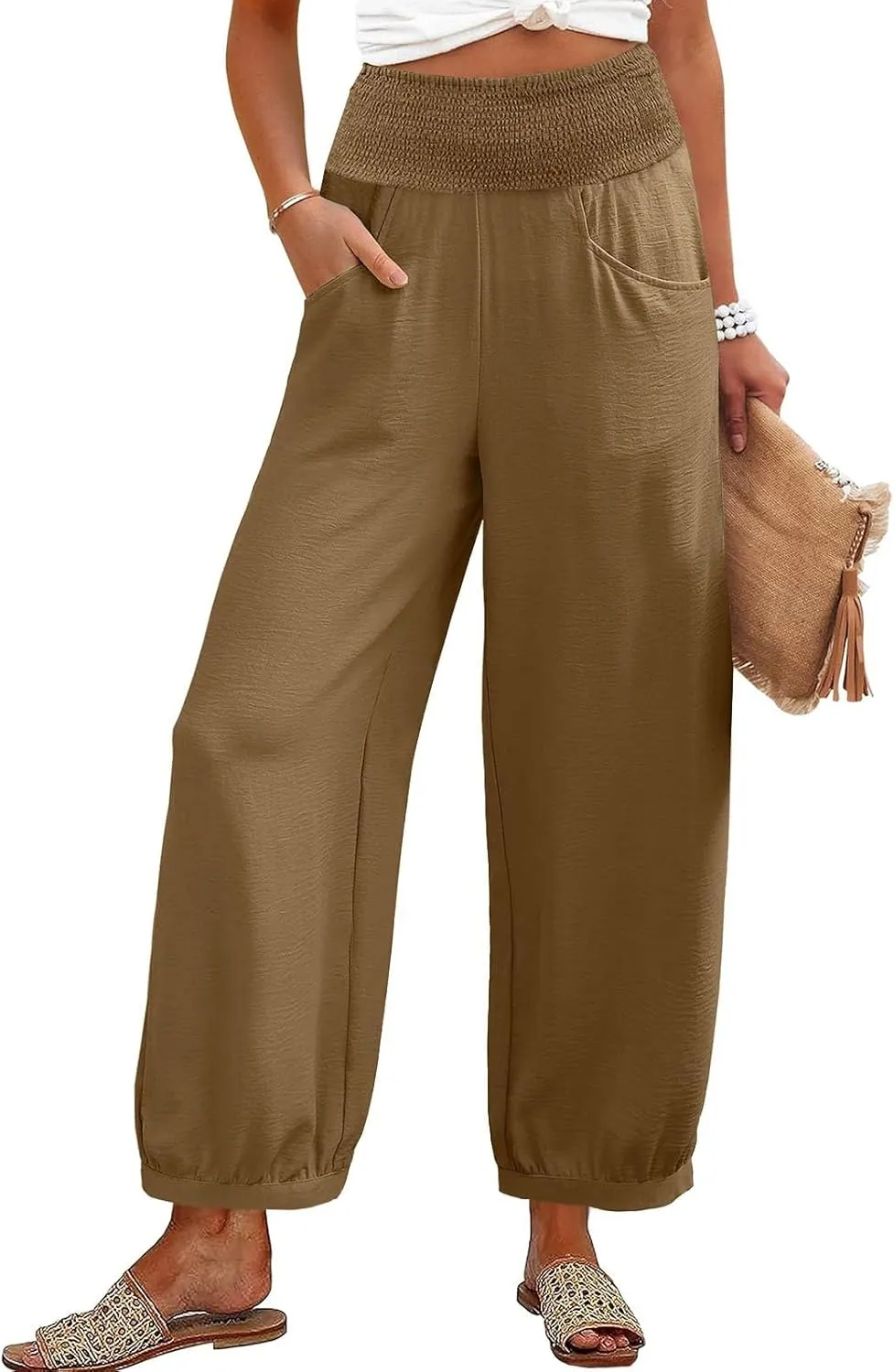 Petite Linen Pants for Women Wide Leg High Waisted Summer Palazzo Pants Lounge Loose Lightweight Flowy Beach Trousers