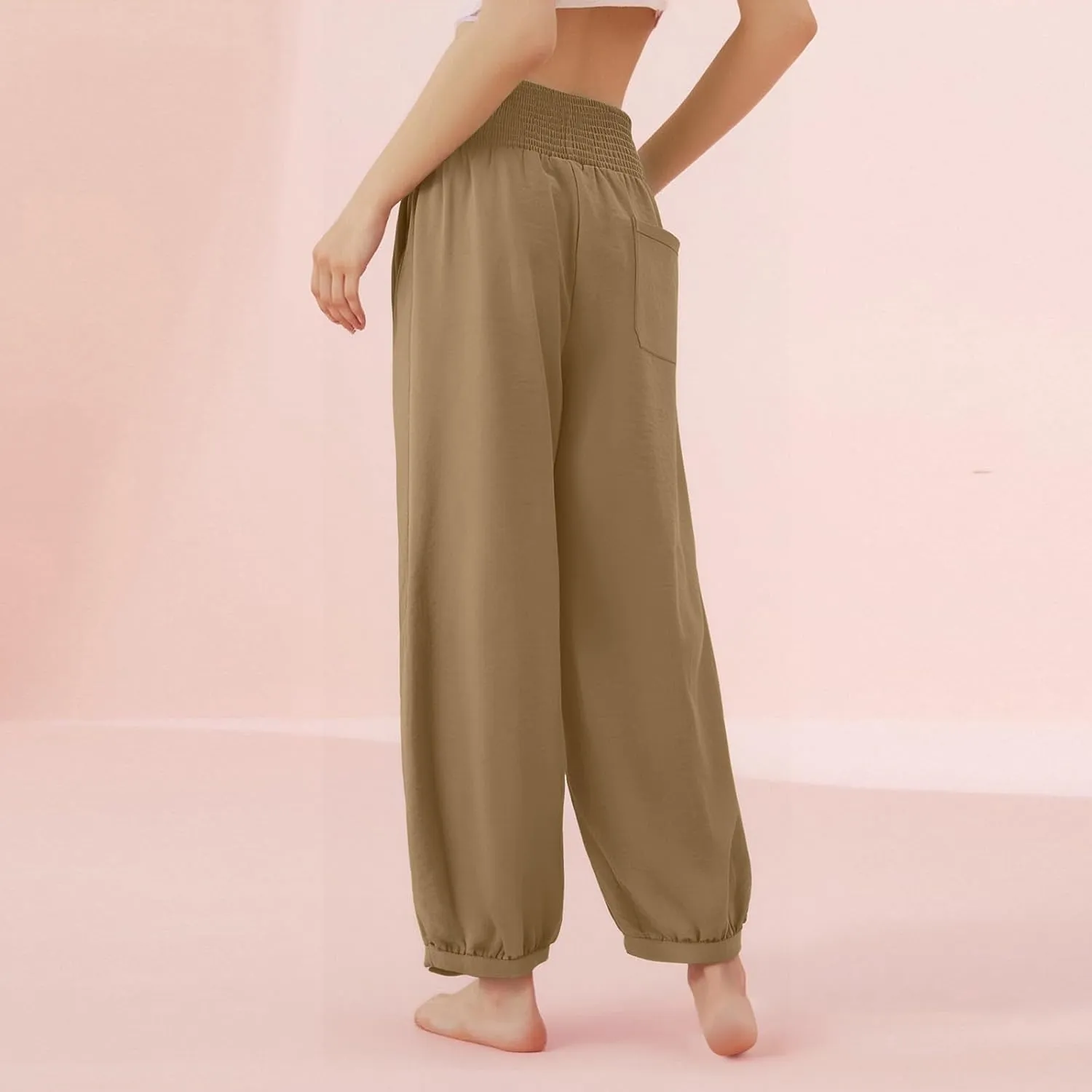Petite Linen Pants for Women Wide Leg High Waisted Summer Palazzo Pants Lounge Loose Lightweight Flowy Beach Trousers
