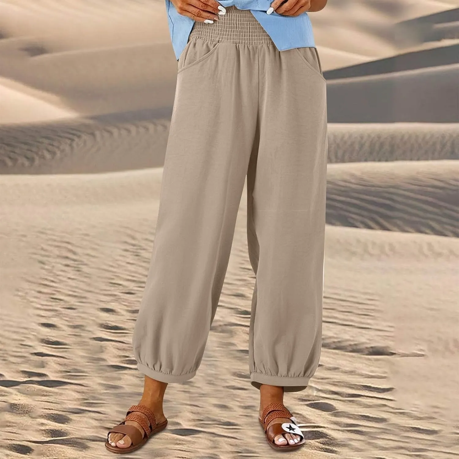 Petite Linen Pants for Women Wide Leg High Waisted Summer Palazzo Pants Lounge Loose Lightweight Flowy Beach Trousers