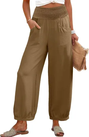 Petite Linen Pants for Women Wide Leg High Waisted Summer Palazzo Pants Lounge Loose Lightweight Flowy Beach Trousers