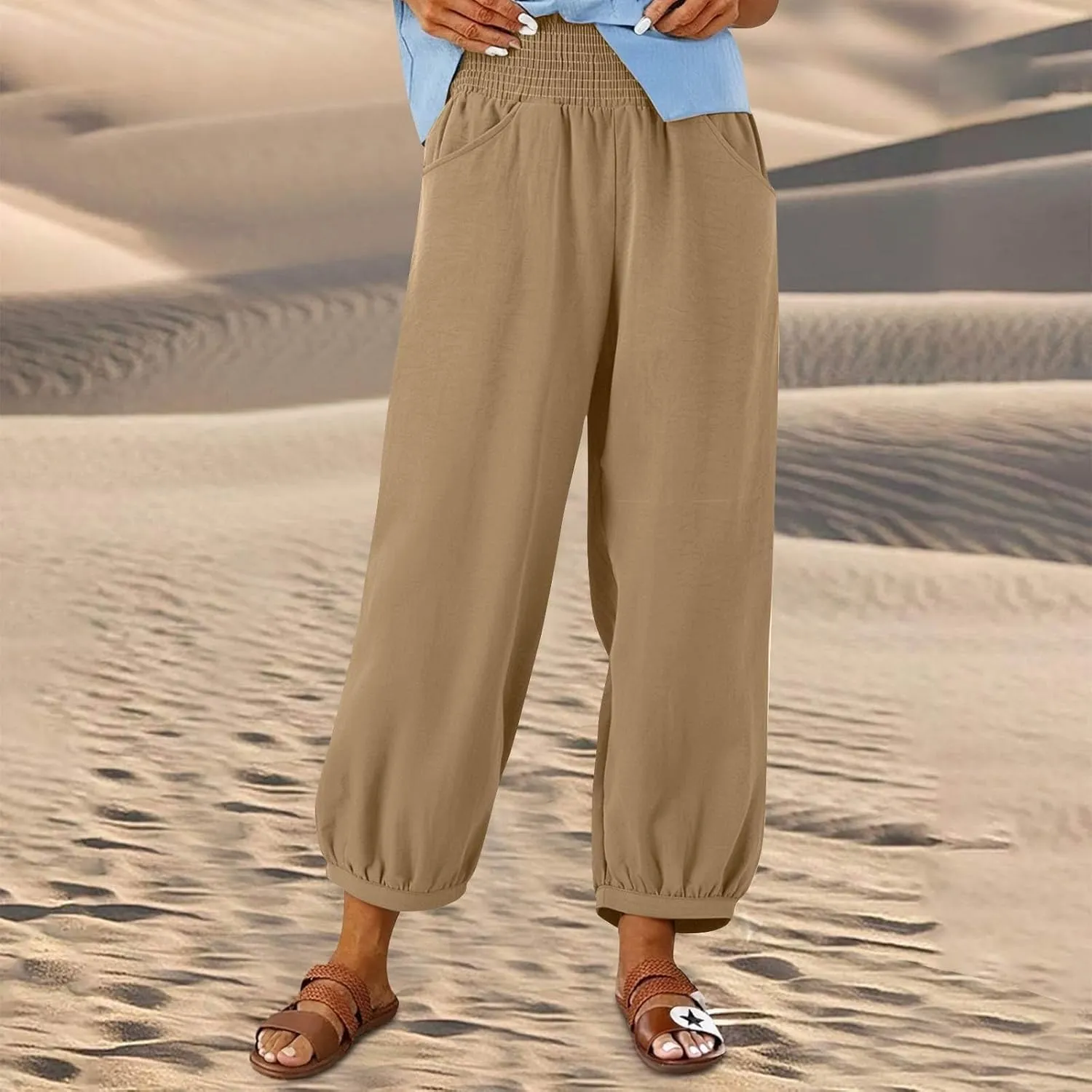 Petite Linen Pants for Women Wide Leg High Waisted Summer Palazzo Pants Lounge Loose Lightweight Flowy Beach Trousers