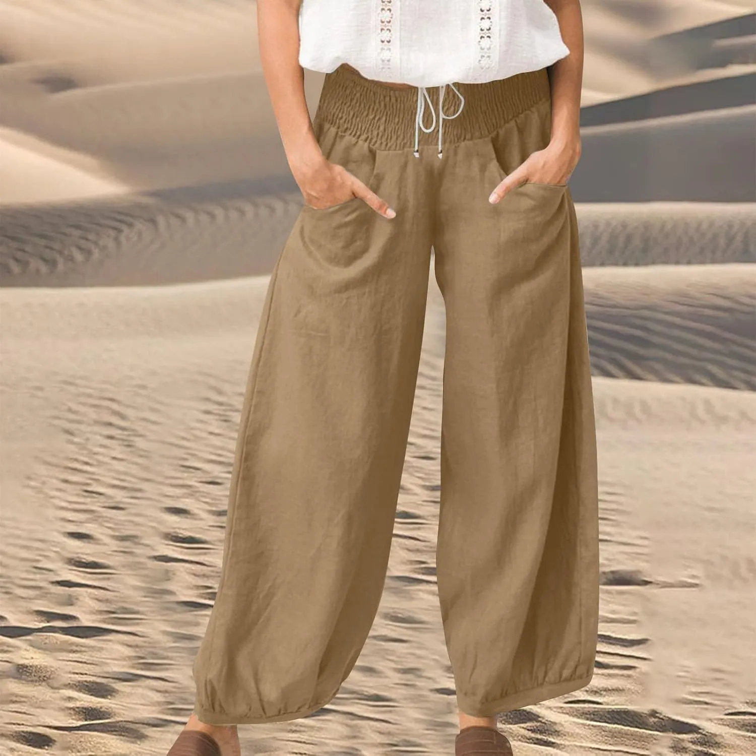 Petite Linen Pants for Women Wide Leg High Waisted Summer Palazzo Pants Lounge Loose Lightweight Flowy Beach Trousers