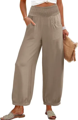 Petite Linen Pants for Women Wide Leg High Waisted Summer Palazzo Pants Lounge Loose Lightweight Flowy Beach Trousers
