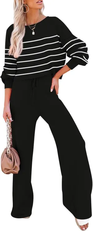 Pink Queen Two Piece Outfits for Women Lounge Sets Striped Knitted Sweater Tops Wide Leg Pants Loungewear Fall 2024