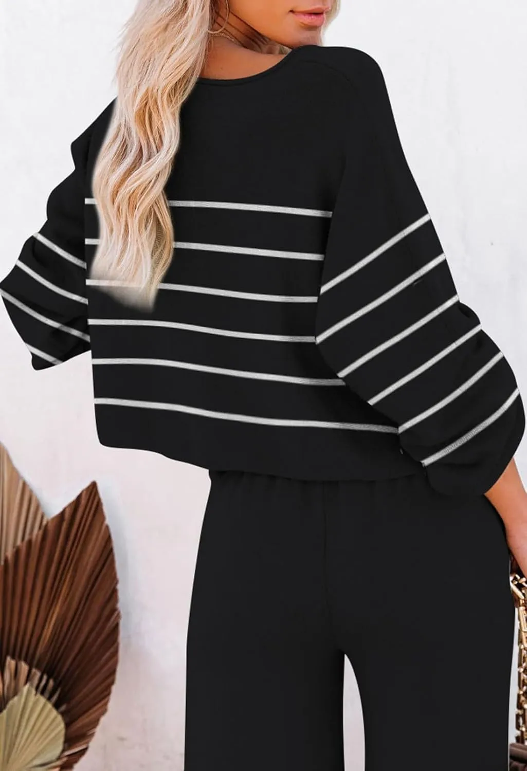 Pink Queen Two Piece Outfits for Women Lounge Sets Striped Knitted Sweater Tops Wide Leg Pants Loungewear Fall 2024