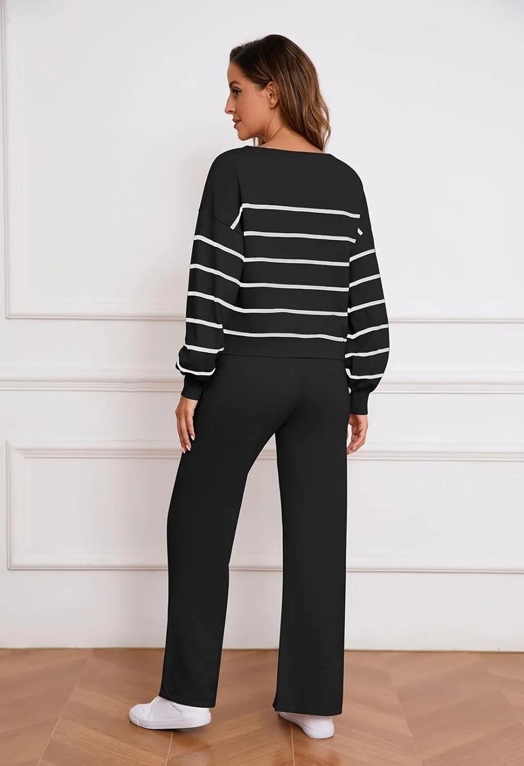 Pink Queen Two Piece Outfits for Women Lounge Sets Striped Knitted Sweater Tops Wide Leg Pants Loungewear Fall 2024