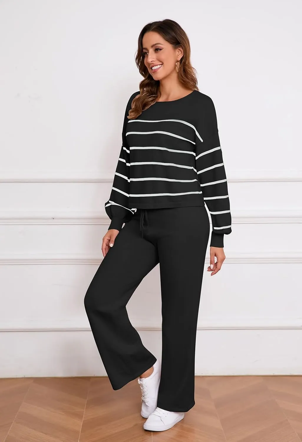 Pink Queen Two Piece Outfits for Women Lounge Sets Striped Knitted Sweater Tops Wide Leg Pants Loungewear Fall 2024