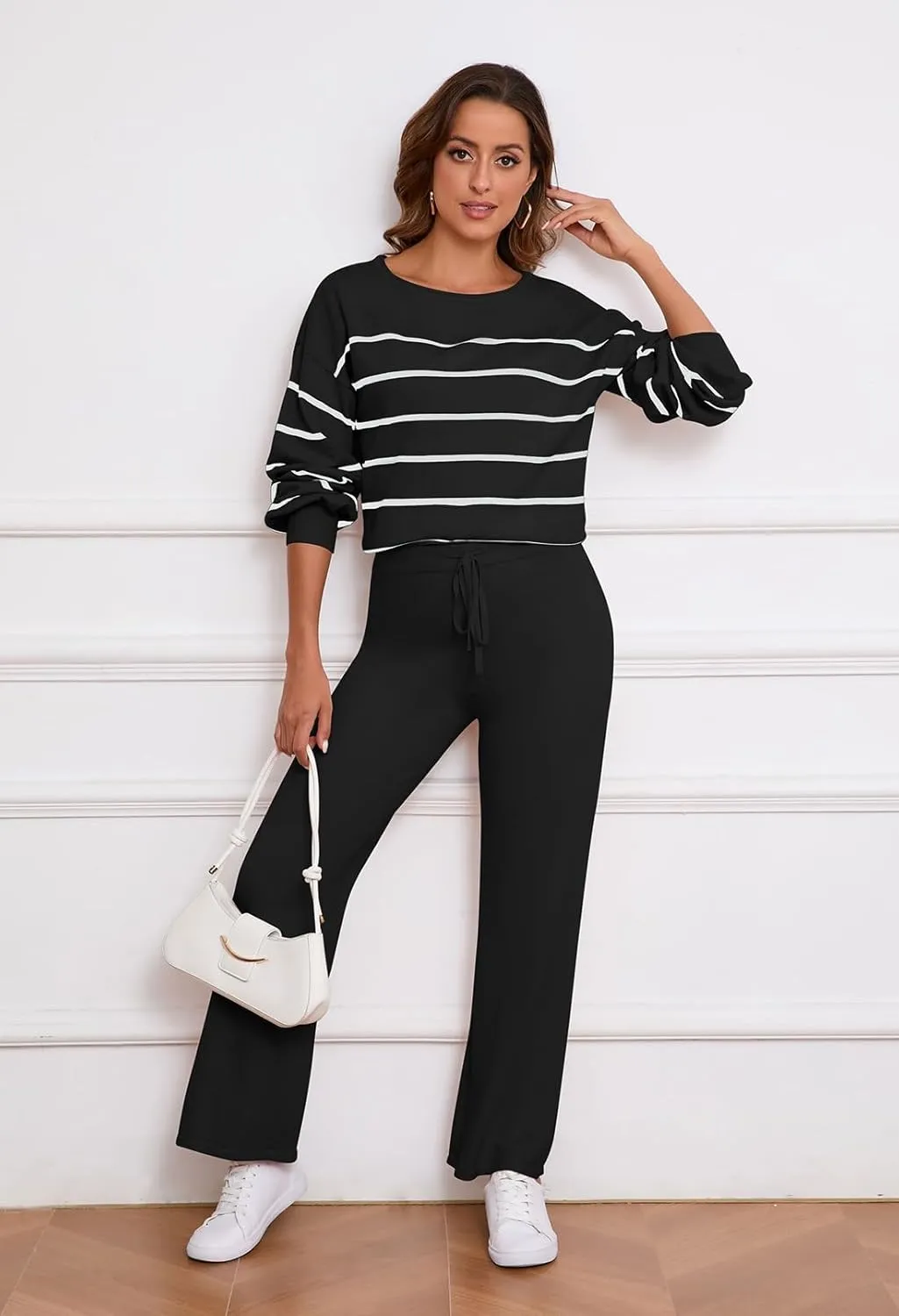 Pink Queen Two Piece Outfits for Women Lounge Sets Striped Knitted Sweater Tops Wide Leg Pants Loungewear Fall 2024