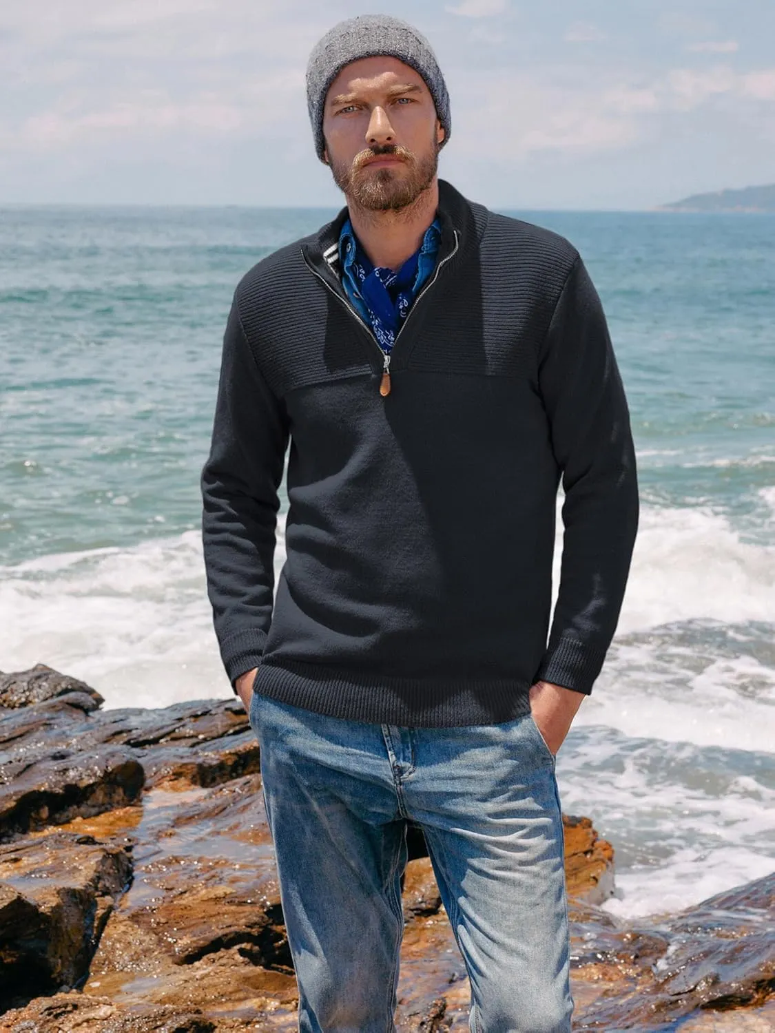 PJ PAUL JONES Men's Quarter Zip Sweater Slim Fit Casual Pullover Sweater Mock Neck Polo Sweaters