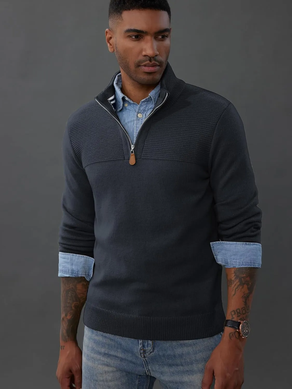 PJ PAUL JONES Men's Quarter Zip Sweater Slim Fit Casual Pullover Sweater Mock Neck Polo Sweaters