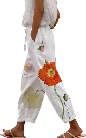 Plus Size Linen Pants for Women, Cotton Capri Pants, Lightweight Capri High Waisted Straight Leg Trousers Casual Summer Lounge Trousers Pantalon De Lino para Mujer Pink Small