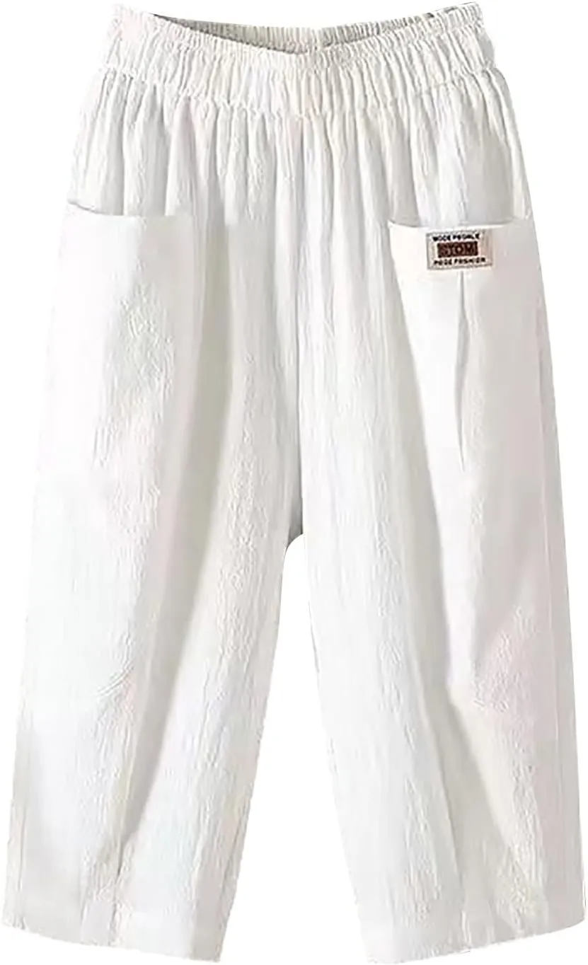 Plus Size Linen Pants for Women Cropped Pants Cotton High Waisted Trousers Loose Travel Vacation Lounge Trousers