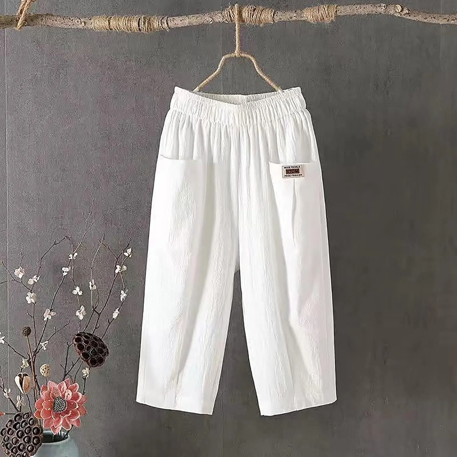 Plus Size Linen Pants for Women Cropped Pants Cotton High Waisted Trousers Loose Travel Vacation Lounge Trousers