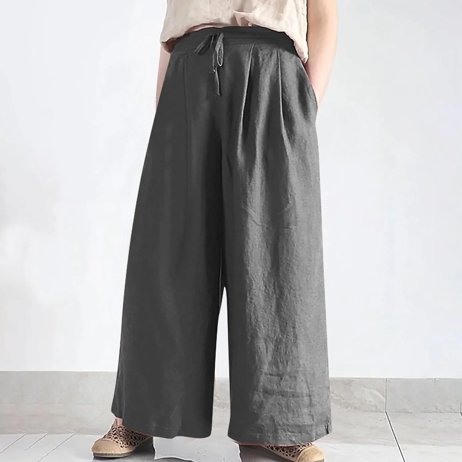 Plus Size Linen Pants for Women Wide Leg High Waist Cotton Linen Trousers, Breathable Wrinkle-Free Beach Vacation Wear