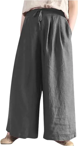 Plus Size Linen Pants for Women Wide Leg High Waist Cotton Linen Trousers, Breathable Wrinkle-Free Beach Vacation Wear