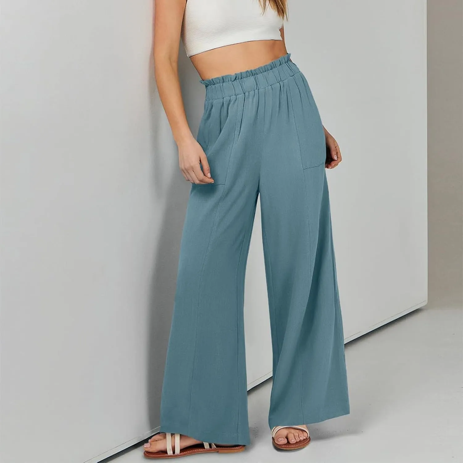 Plus Size Linen Pants Women Summer Casual Loose Flowy High Waited Beach Pants Trendy Summer Outfits with Pockets