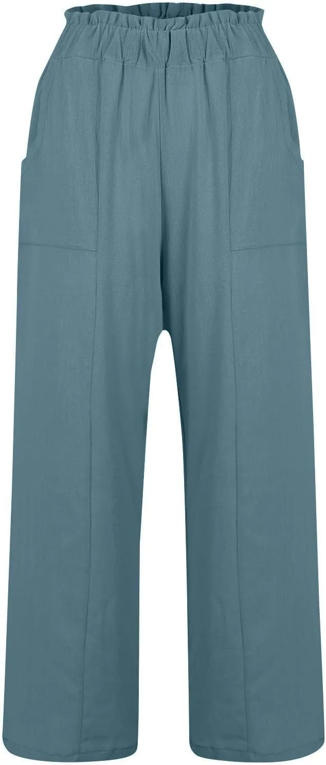 Plus Size Linen Pants Women Summer Casual Loose Flowy High Waited Beach Pants Trendy Summer Outfits with Pockets