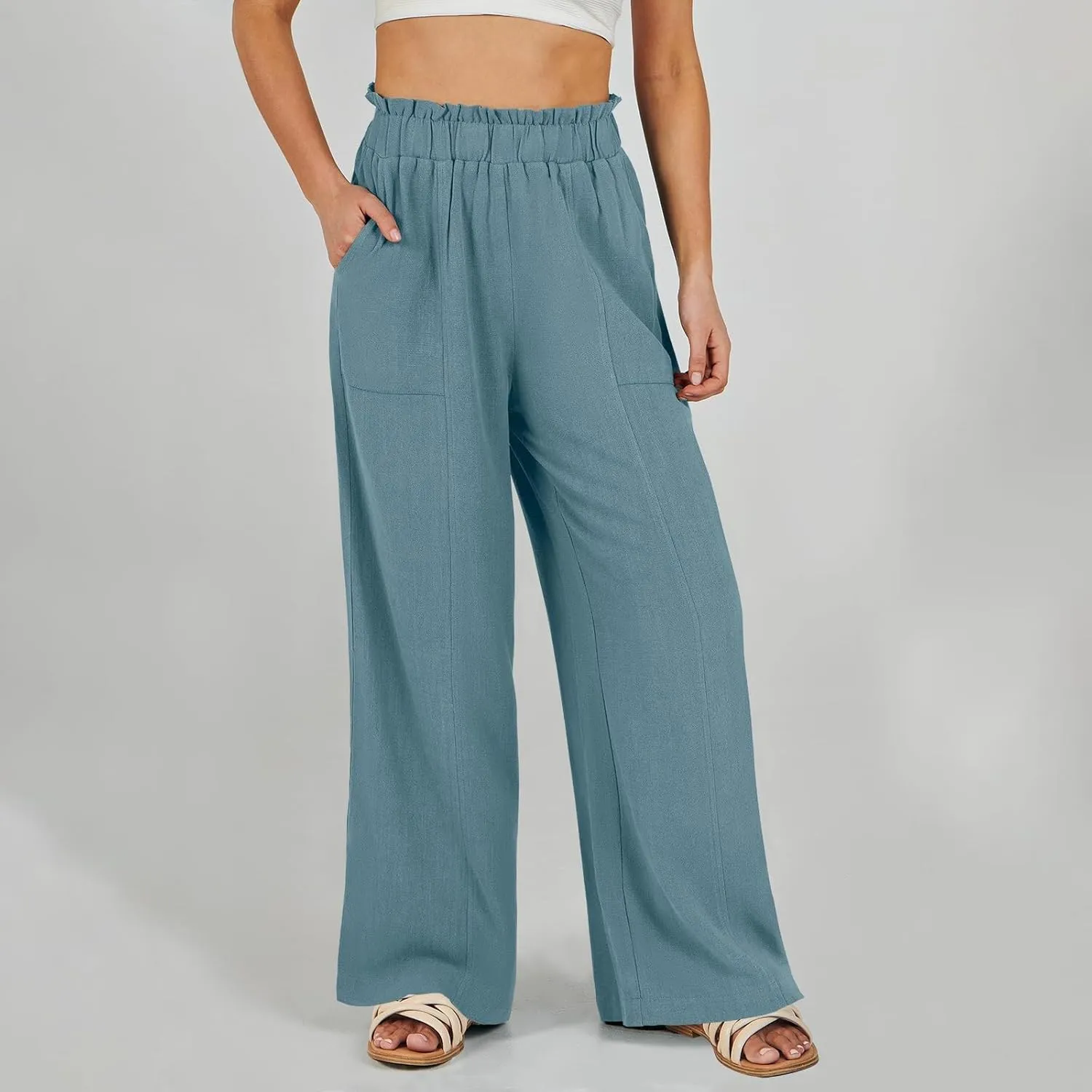 Plus Size Linen Pants Women Summer Casual Loose Flowy High Waited Beach Pants Trendy Summer Outfits with Pockets