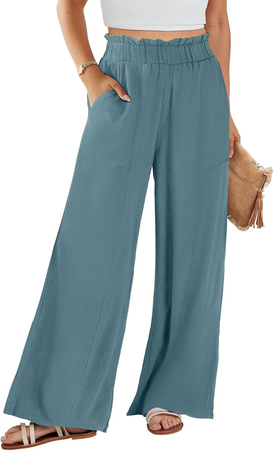 Plus Size Linen Pants Women Summer Casual Loose Flowy High Waited Beach Pants Trendy Summer Outfits with Pockets