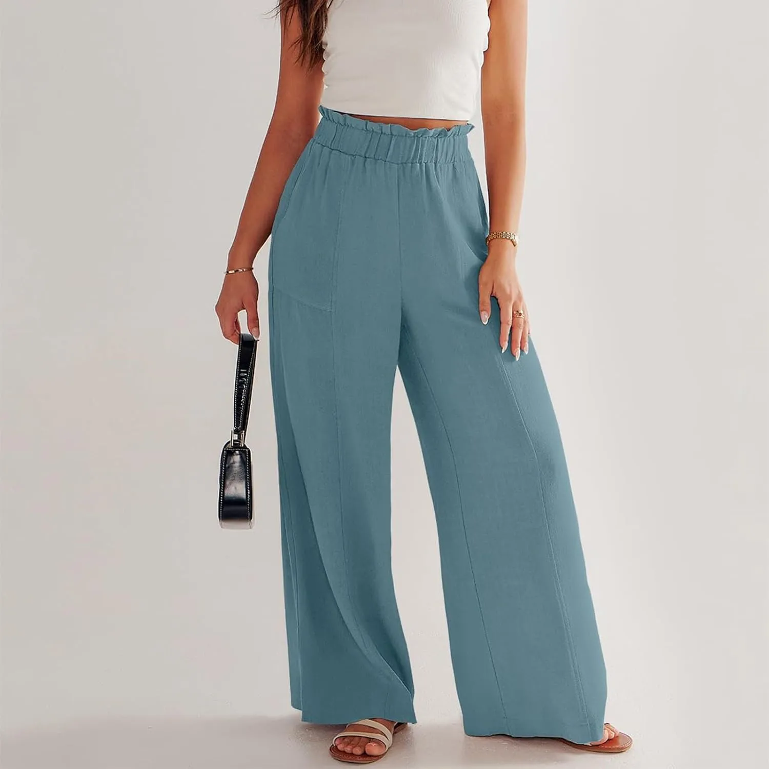 Plus Size Linen Pants Women Summer Casual Loose Flowy High Waited Beach Pants Trendy Summer Outfits with Pockets