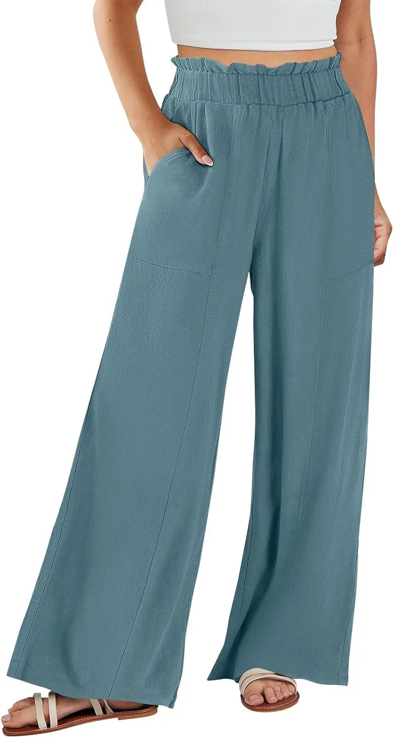 Plus Size Linen Pants Women Summer Casual Loose Flowy High Waited Beach Pants Trendy Summer Outfits with Pockets
