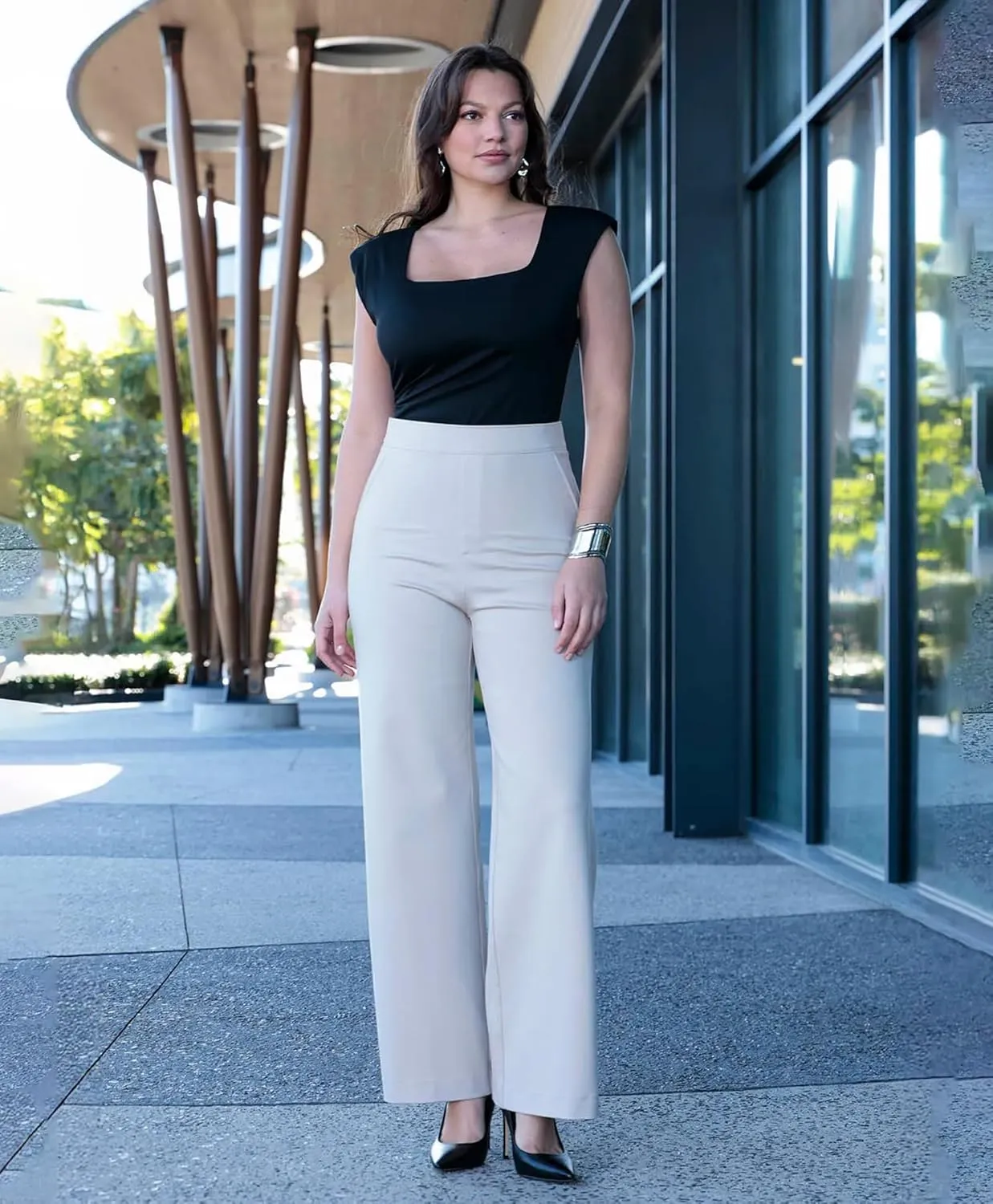 Popilush Wide Leg Pants Woman - High Waisted Dress Pants Work Office Trousers with Pockets Business Casual Outfits for Women