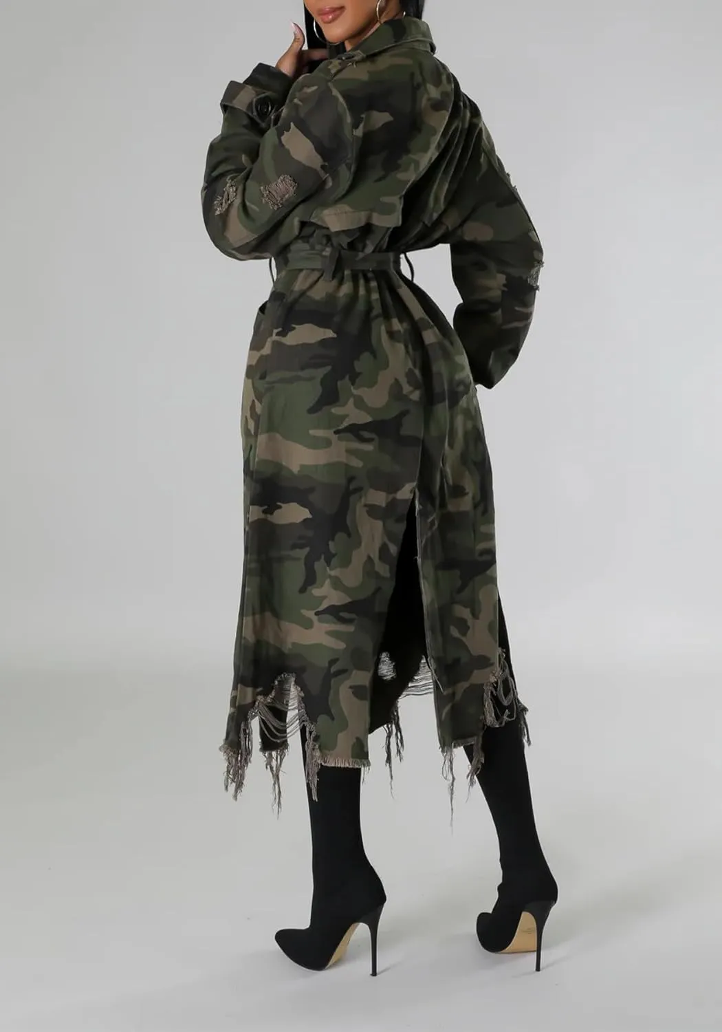 Ptorlio Womens Camo Trench Coat Long Sleeve Distressed Army Camouflage Jacket Overcoat with Belt